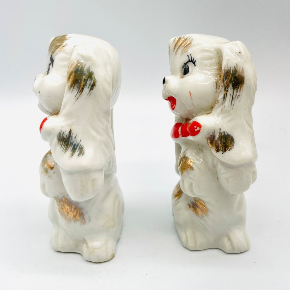 Vintage Japan Puppy Dog Figurine Set Gold Gilt Red Bow Tie 3.5" Anthropomorphic - Picture 2 of 5